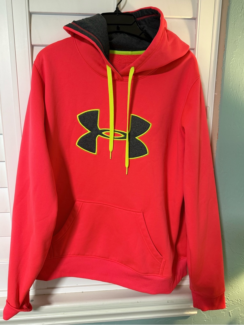 Under Armour Men’s Neon Red Crewneck Hoodie with Lime Accents